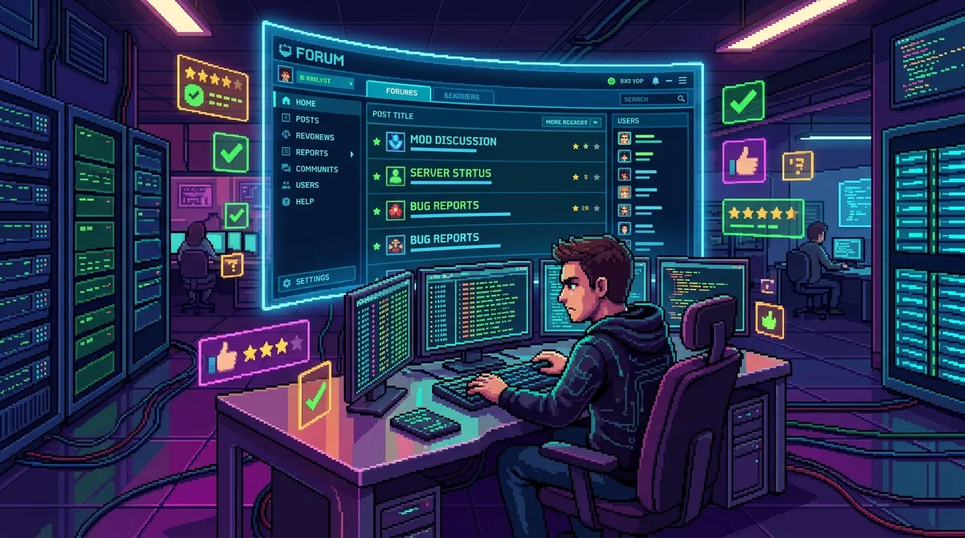 Développeur dans un serveur futuriste consulte un forum en ligne