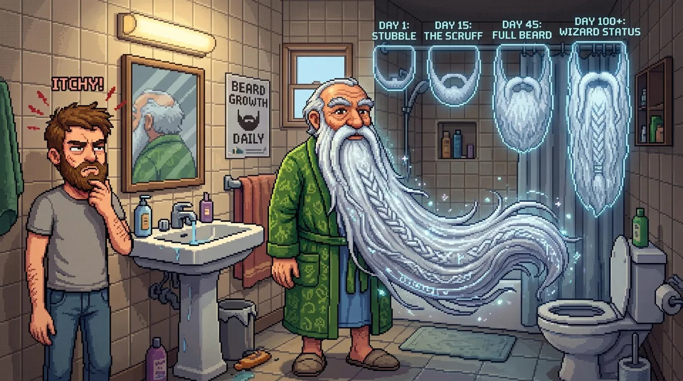 Homme observant sa barbe évoluer sur 100 jours en miroir