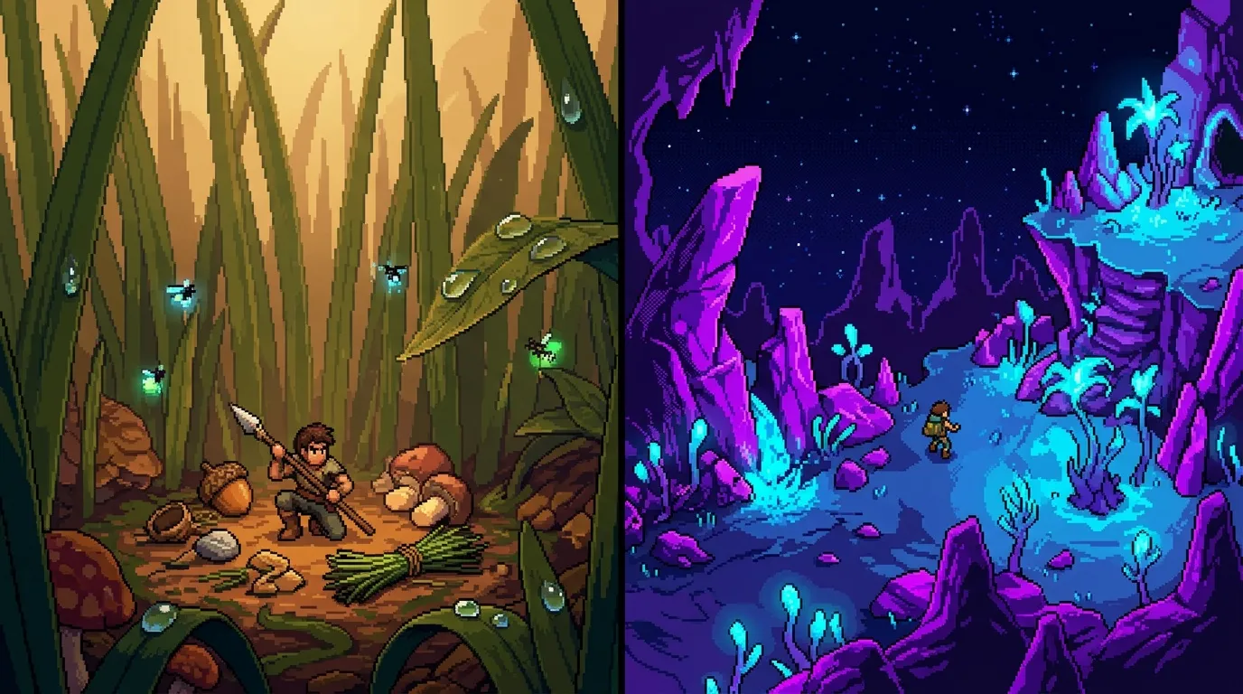 Deux cavernes souterraines contrastées avec personnages pixelisés explorateurs