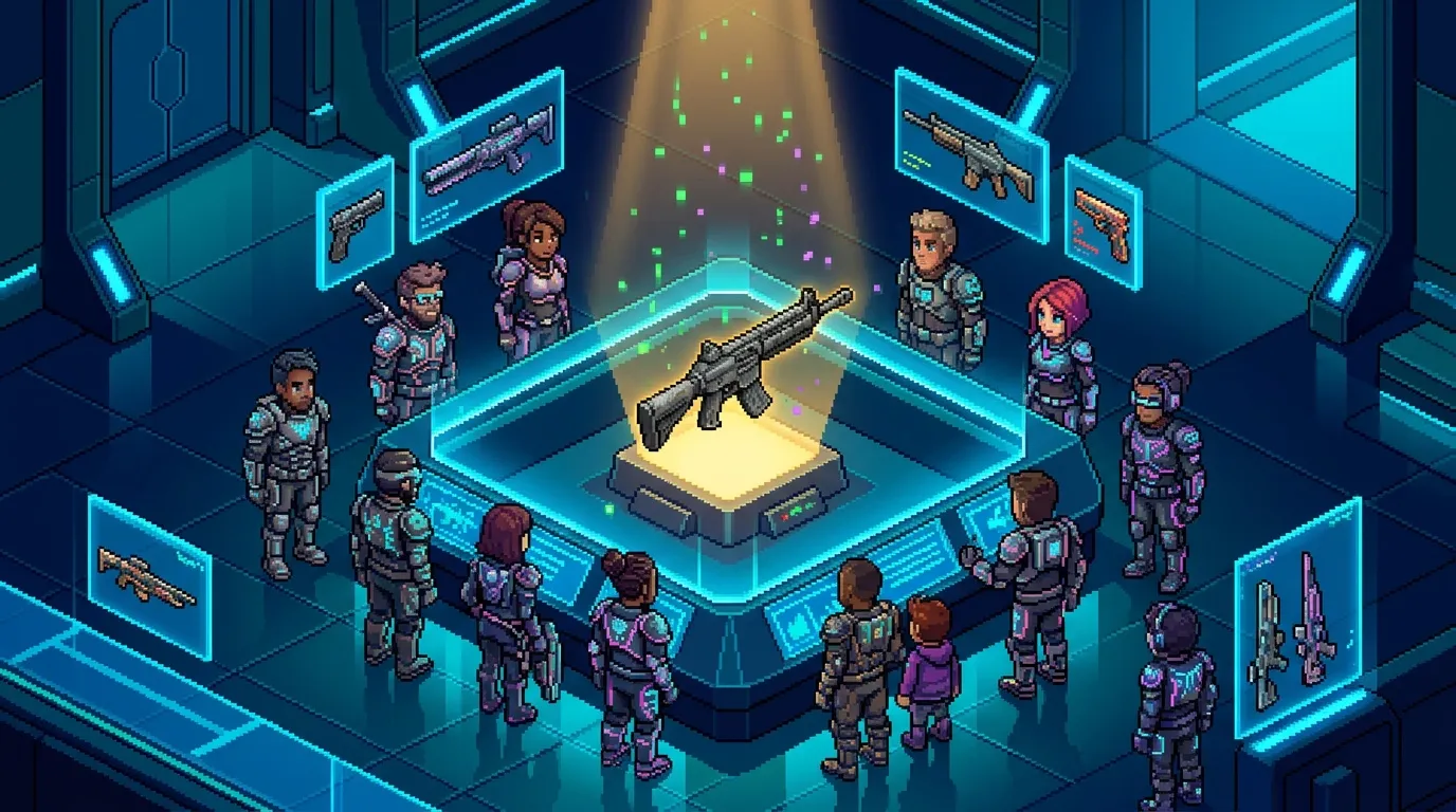 Soldats armés observent un fusil holographique illuminé