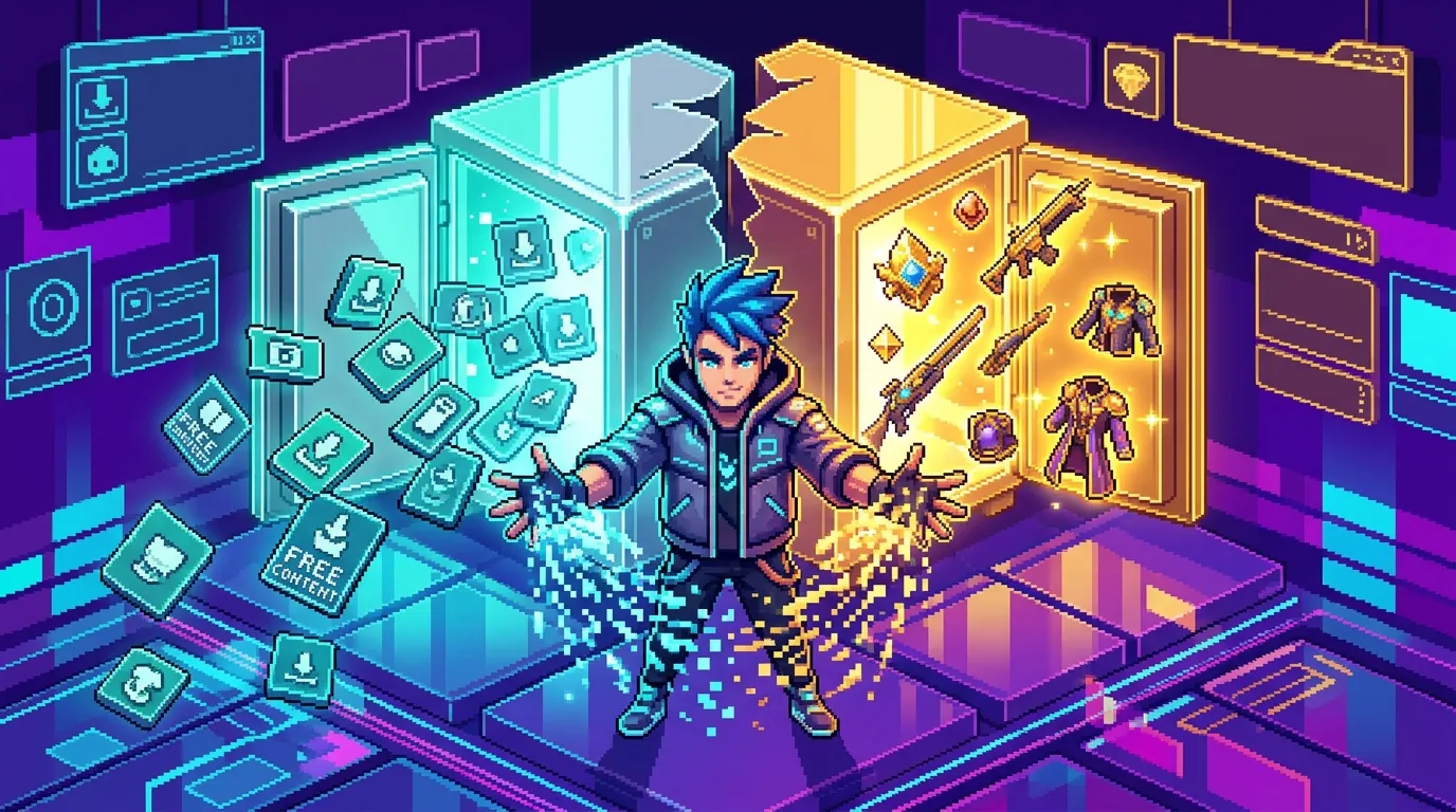 Personnage pixel art entre deux mondes numériques cyan et doré