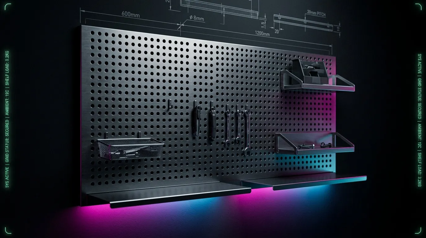 Syst&egrave;me de rangement perfor&eacute; noir avec accessoires color&eacute;s et LED