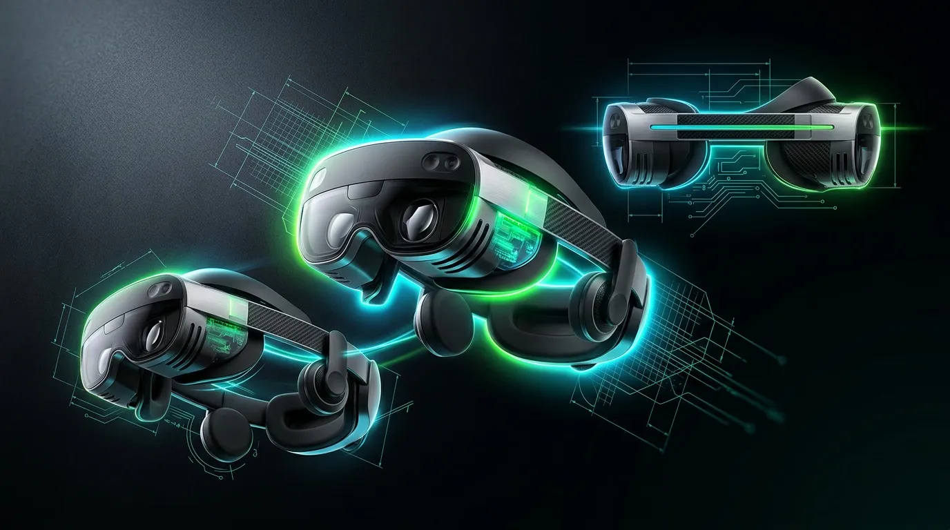 Trois casques de réalité virtuelle avec illumination néon vert et cyan