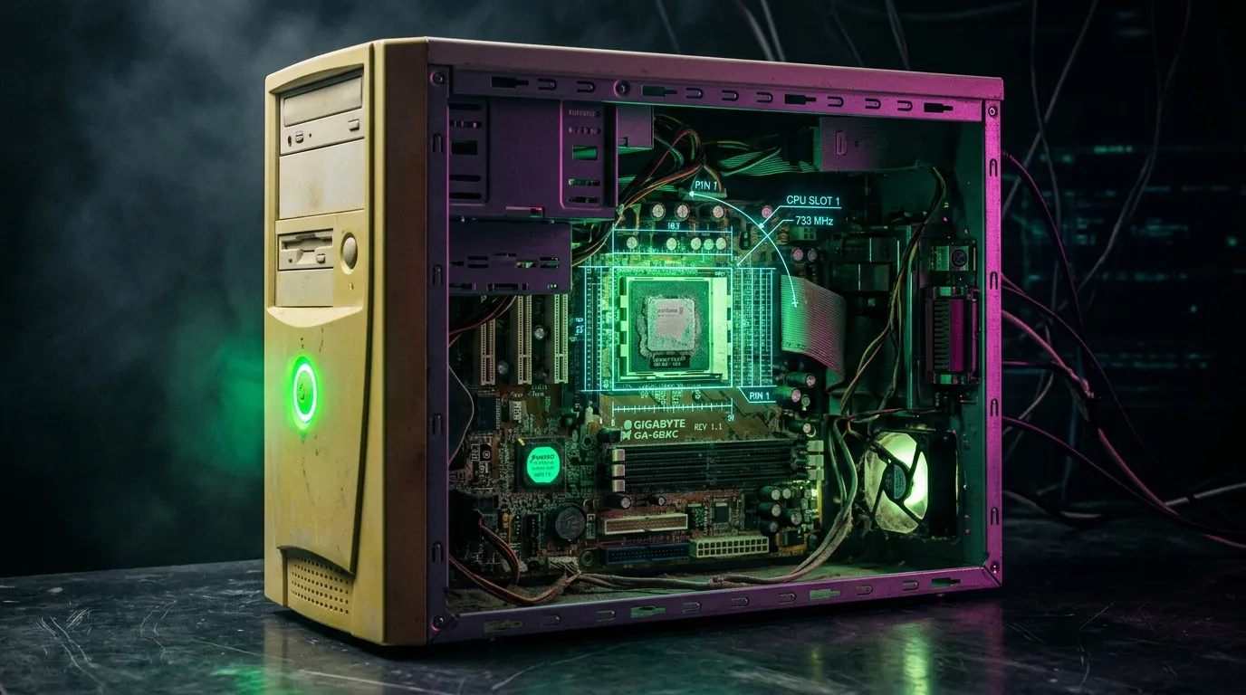 Tour PC beige des années 2000 avec composants verts luminescents