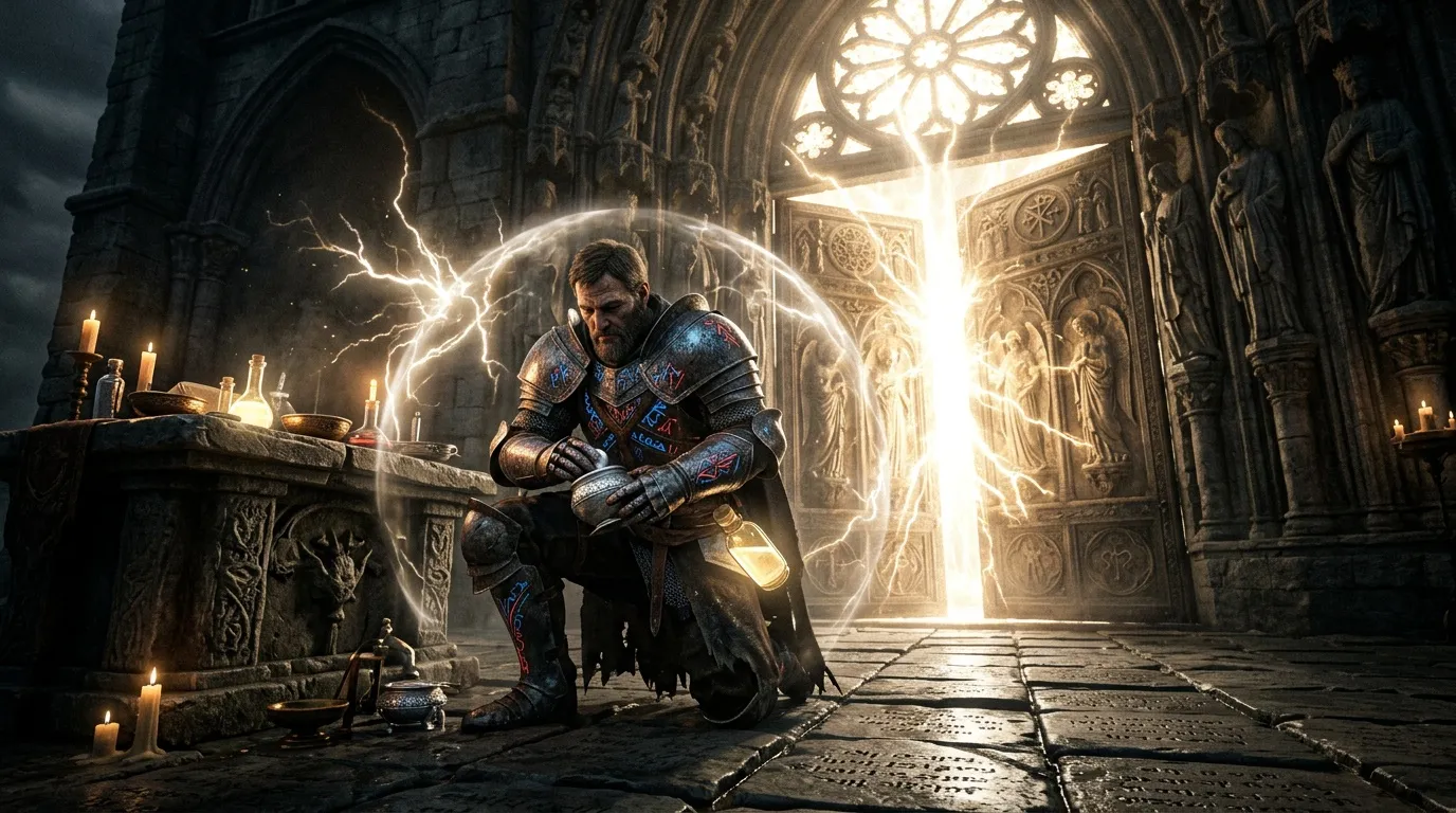 Guerrier en armure dans cathédrale avec aura magique lumineuse