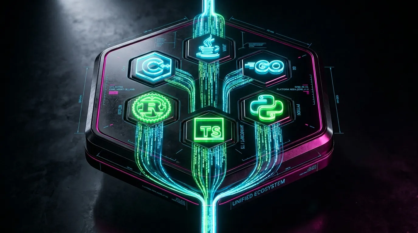 Plateforme numérique hexagonale avec logos et néons cyberpunk
