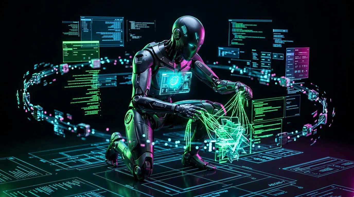 Robot humanoïde manipulant des données informatiques brillantes
