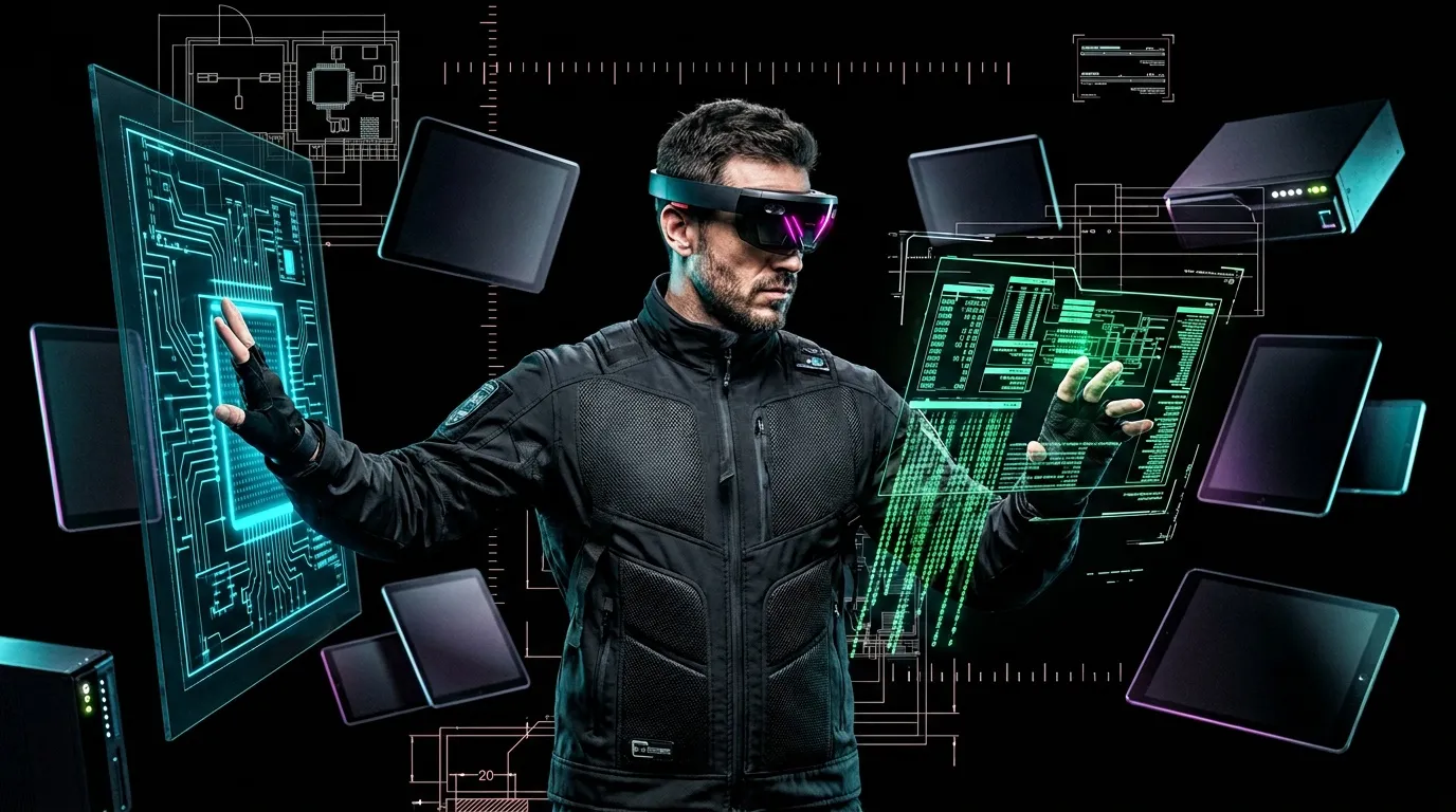 Homme avec lunettes AR manipulant interfaces numériques holographiques