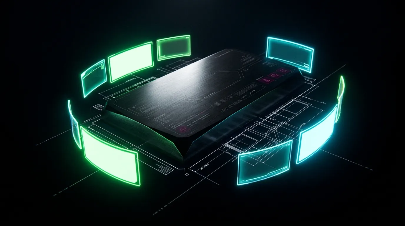 Poste de travail gaming high-tech avec écrans neon et clavier