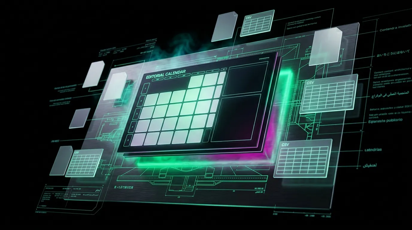 Écrans holographiques affichant calendrier éditorial et données CSV