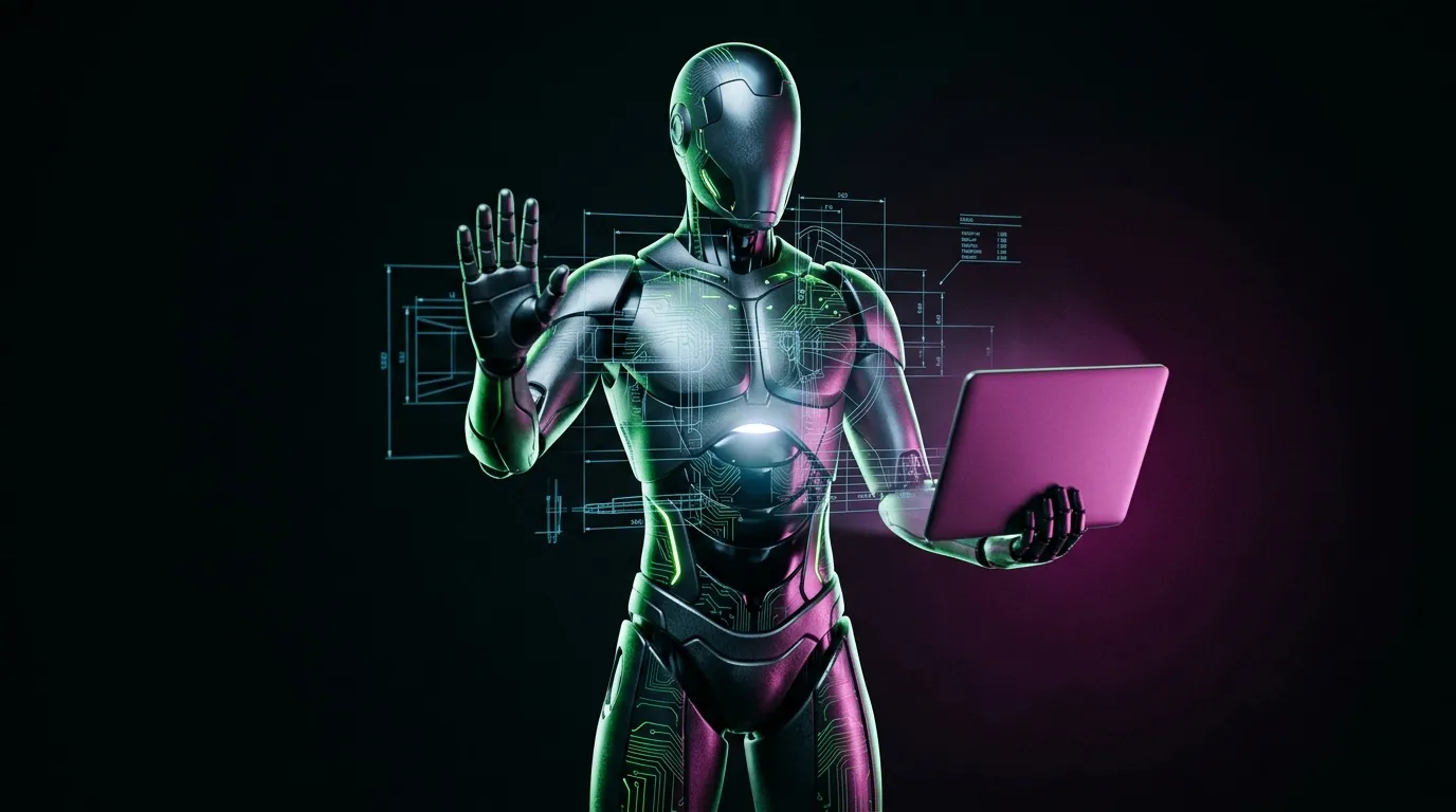 Robot humanoïde holographique tenant un ordinateur portable