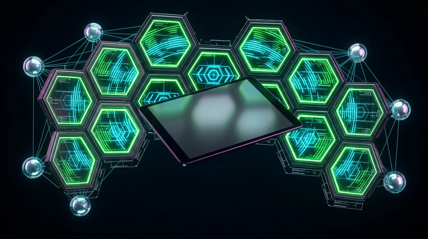 Tablette connectée à un réseau hexagonal luminescent vert