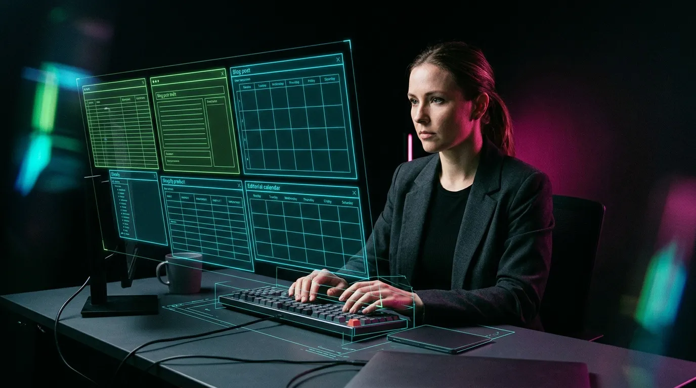 Femme utilisant clavier et &eacute;crans holographiques pour production musicale