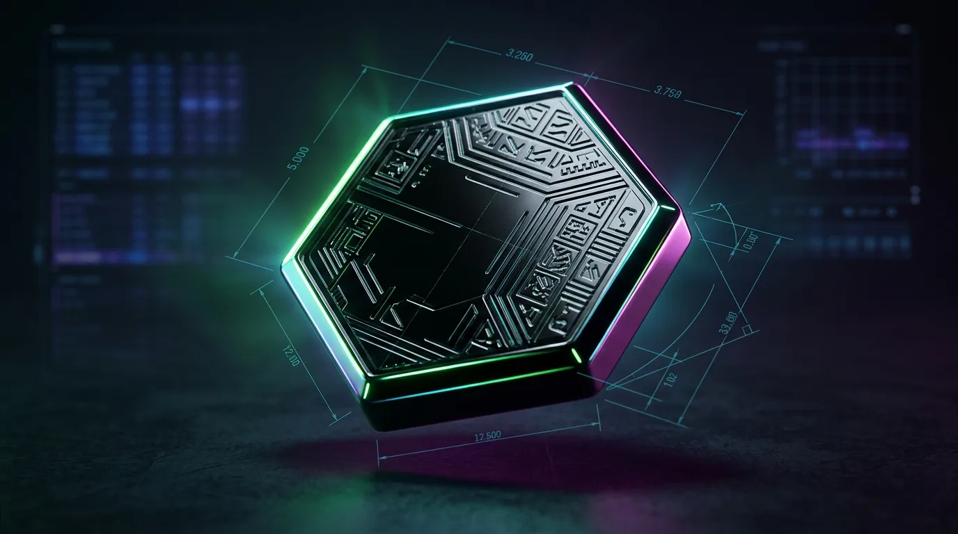 Chip futuriste hexagonal avec design num&eacute;rique et n&eacute;on brillant