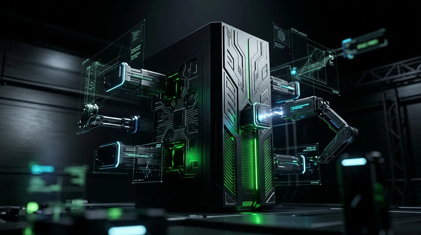 Ordinateur futuriste avec &eacute;clairage vert dans laboratoire technologique
