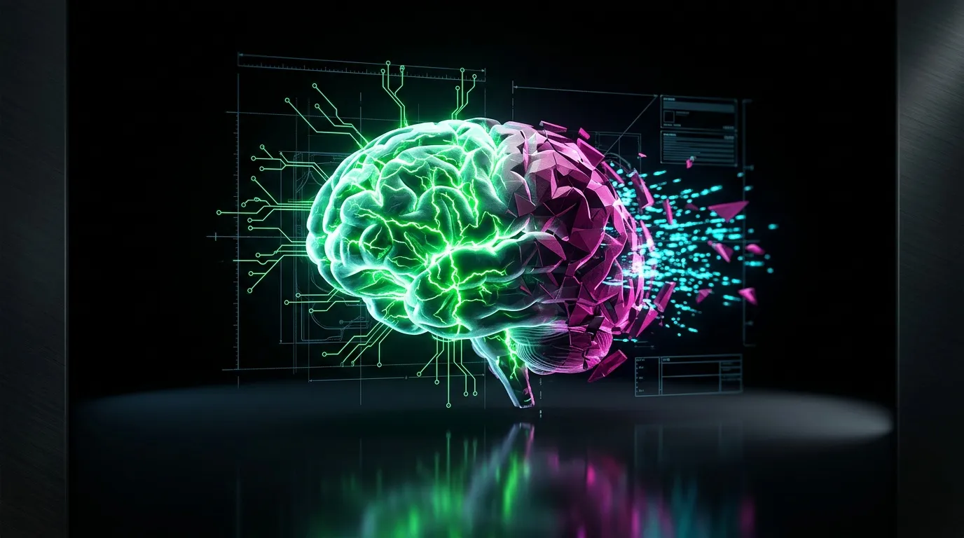 Cerveau n&eacute;on vert et rose avec circuits &eacute;lectroniques