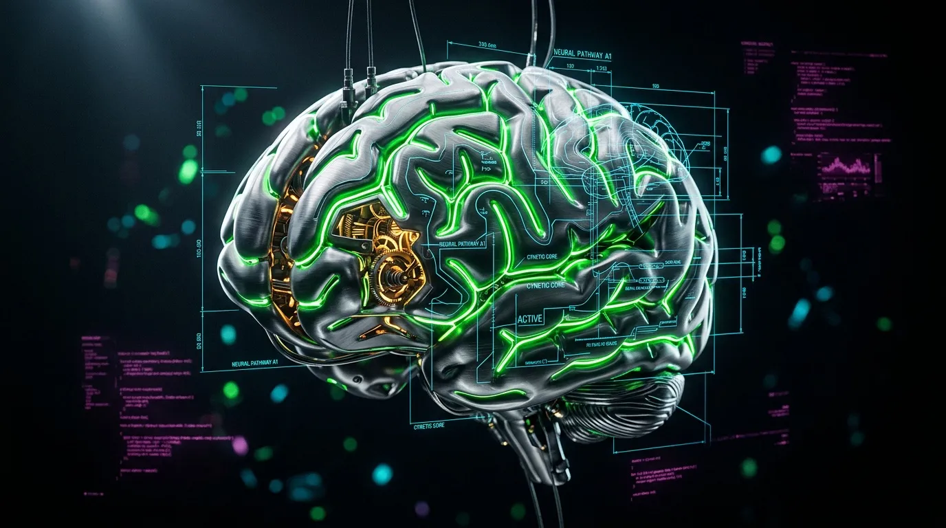 Cerveau holographique futuriste avec circuits verts luminescents