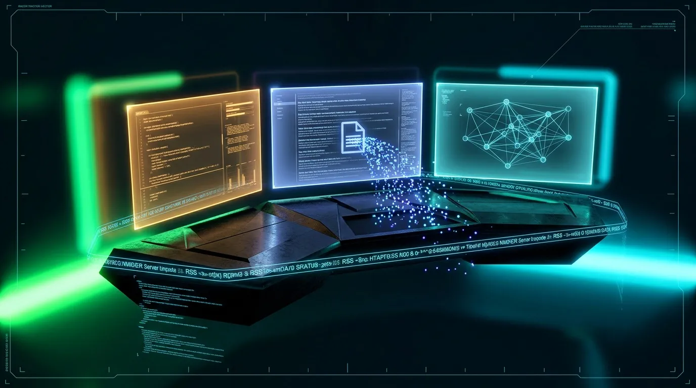 Trois &eacute;crans neon affichant code, donn&eacute;es et r&eacute;seau informatique