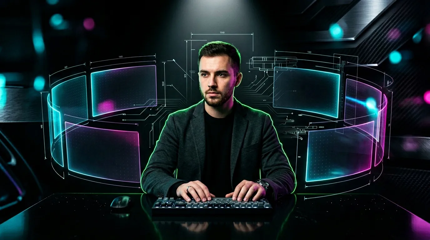 Homme codant entour&eacute; d'&eacute;crans technologiques luminescents